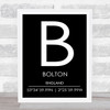 Bolton England Coordinates Black & White World City Travel Print
