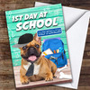 Funny Pug Frist Day At School Personalised Good Luck Card