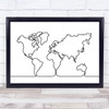Black & White Line Art World Map Decorative Wall Art Print