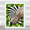 Jungle Leaves Black & White Swirl Rhino Wall Art Print