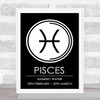 Zodiac Star Sign Black and White Symbol Pisces Wall Art Print