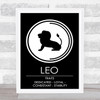 Zodiac Star Sign Black & White Traits Leo Wall Art Print