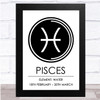 Zodiac Star Sign White & Black Symbol Pisces Wall Art Print