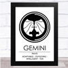 Zodiac Star Sign White and Black Traits Gemini Wall Art Print
