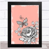 Vintage Flower & Butterflies Light Pink Distressed Wall Art Print