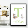 Cute Animals Bear And Rabbit Green Any Initial Personalised Wall Art Print