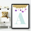 Gold Sparkle Cloud Purple Stars Any Initial Personalised Wall Art Print