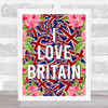 I Love Britain Pink Floral And Multiple Ku Flags Wall Art Print