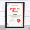 Christmas Naughty List Warning With Stamp Personalised Certificate Award Print