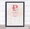 New Baby Birth Details Christening Nursery Pink Initial P Keepsake Gift Print