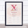 New Baby Birth Details Christening Nursery Pink Initial X Keepsake Gift Print