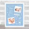 New Baby Birth Details Typographic Doodle 2 Photos Blue Keepsake Gift Print