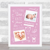 New Baby Birth Details Typographic Doodle 2 Photos Pink Keepsake Gift Print