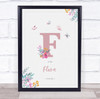 Pink Initial F Watercolour Flowers Baby Birth Details Nursery Christening Print