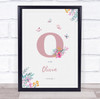 Pink Initial O Watercolour Flowers Baby Birth Details Nursery Christening Print