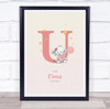 Pink Baby Girl Elephant Initial U Baby Birth Details Nursery Christening Print