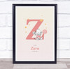 Pink Baby Girl Elephant Initial Z Baby Birth Details Nursery Christening Print