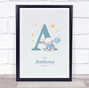 New Baby Birth Details Christening Nursery Blue Elephant Initial A Gift Print