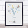 New Baby Birth Details Nursery Christening Blue Planes Initial V Gift Print