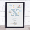 New Baby Birth Details Nursery Christening Blue Planes Initial X Gift Print