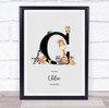 New Baby Birth Details Nursery Jungle Animals Initial C Keepsake Gift Print