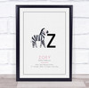 New Baby Birth Details Christening Nursery Bear Initial Z Zebra Gift Print