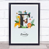 Jungle Animals Initial E Baby Birth Details Nursery Christening Gift Print