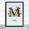 Jungle Animals Initial M Baby Birth Details Nursery Christening Gift Print