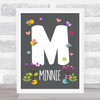 Grey Floral Butterfly Bird Initial M Personalised Children's Wall Art Print