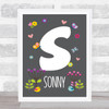 Grey Floral Butterfly Bird Initial S Personalised Children's Wall Art Print
