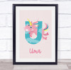 Initial Funky Letter U With Unicorn Personalised Children's Wall Art Print