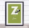 Initial Letter Z With Zebra Personalised Children's Wall Art Print