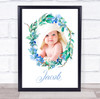 Watercolour Blue Floral Photo Name Personalised Children's Wall Art Print
