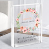 New Baby Birth Details Christening Nursery Pink Flower Wreath Acrylic Block