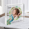 Birth Details Nursery Christening New Baby Square Peacock Photo Acrylic Block