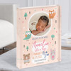 New Baby Birth Details Nursery Christening Woodland Animals Photo Acrylic Block