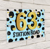 Dalmatian Print Gold Heart Sky Blue 3D Modern Acrylic Door Number House Sign