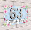 Flowers Pink Floral Blue Wash 3D Modern Acrylic Door Number House Sign
