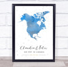 North America Any Date Watercolour Blue Grey Hearts Personalised Gift Print