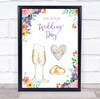 On your Wedding Day Flowers Floral Flutes Rings Married Personalised Gift Print