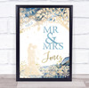 Wedding Bride Groom Name & Date Blue Golden Sparkle Personalised Gift Print