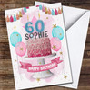 60th Sixty Birthday Pink Flower Cake Party Balloons Personalised Birthday Card