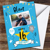 16th Birthday Boy Party Blue Photo Personalised Birthday Card