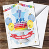 7th Seventh Boy Rainbow Cake Painted Party Balloons Personalised Birthday Card