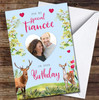 Fiancée Deer Forest Painted Photo Romantic Hearts Personalised Birthday Card