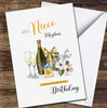 Niece Champagne With Flutes Presents Gold Floral Personalised Birthday Card