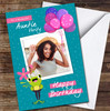 Teal Auntie Happy Frog Pink Flowers Photo Frame Personalised Birthday Card