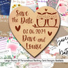 Owls Heart Shape Personalised Wood Wedding Save The Date Magnets & Backing Cards