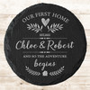 Round Slate Our First New Home Adventure Leaves Heart Gift Personalised Coaster