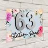 Blue Wash Bright Flowers 3D Acrylic House Address Sign Door Number Plaque